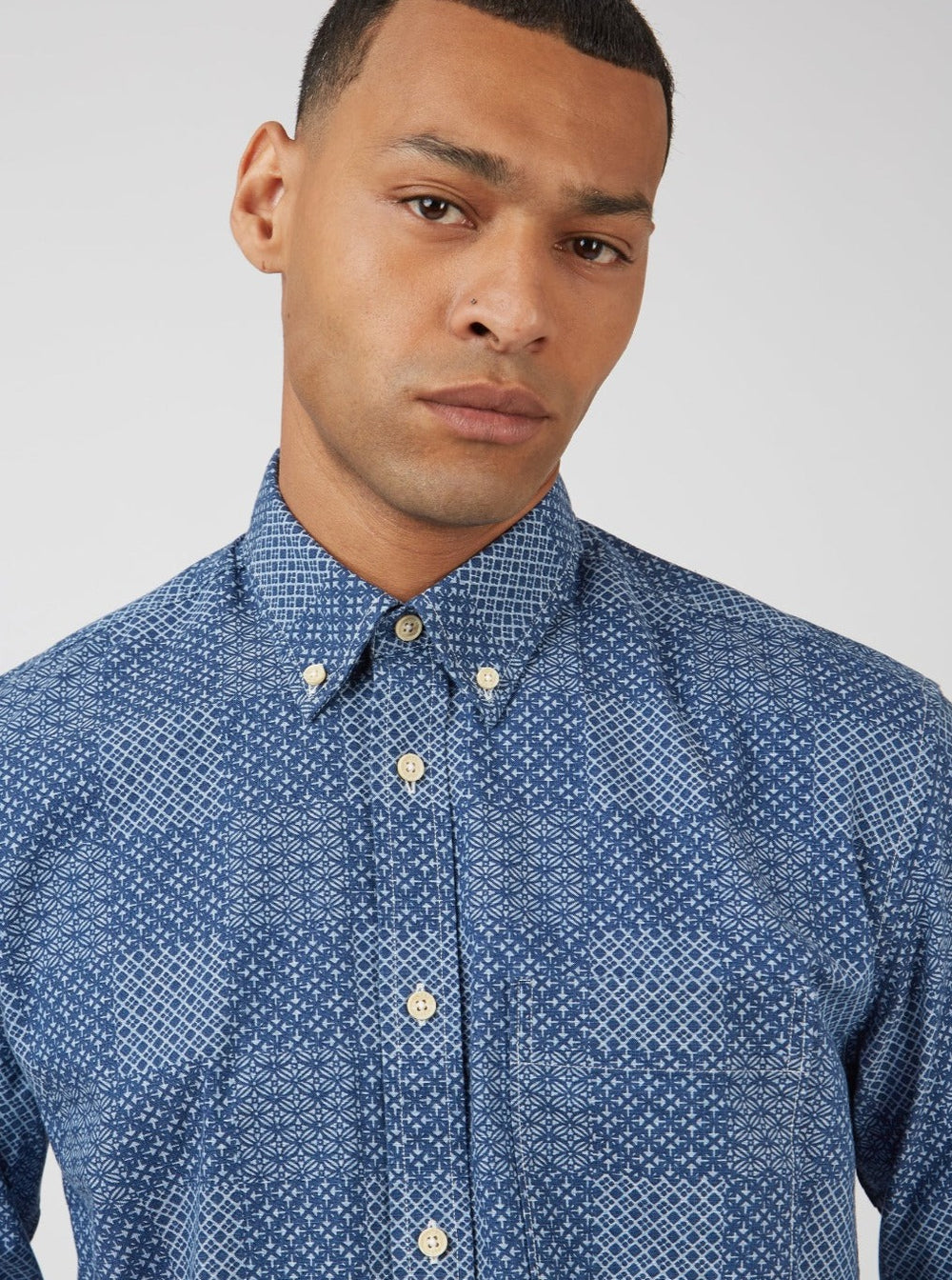 Chemises Ben Sherman Chambray Patchwork Geo Print Long-Sleeve Bleu | ZAG-44604037